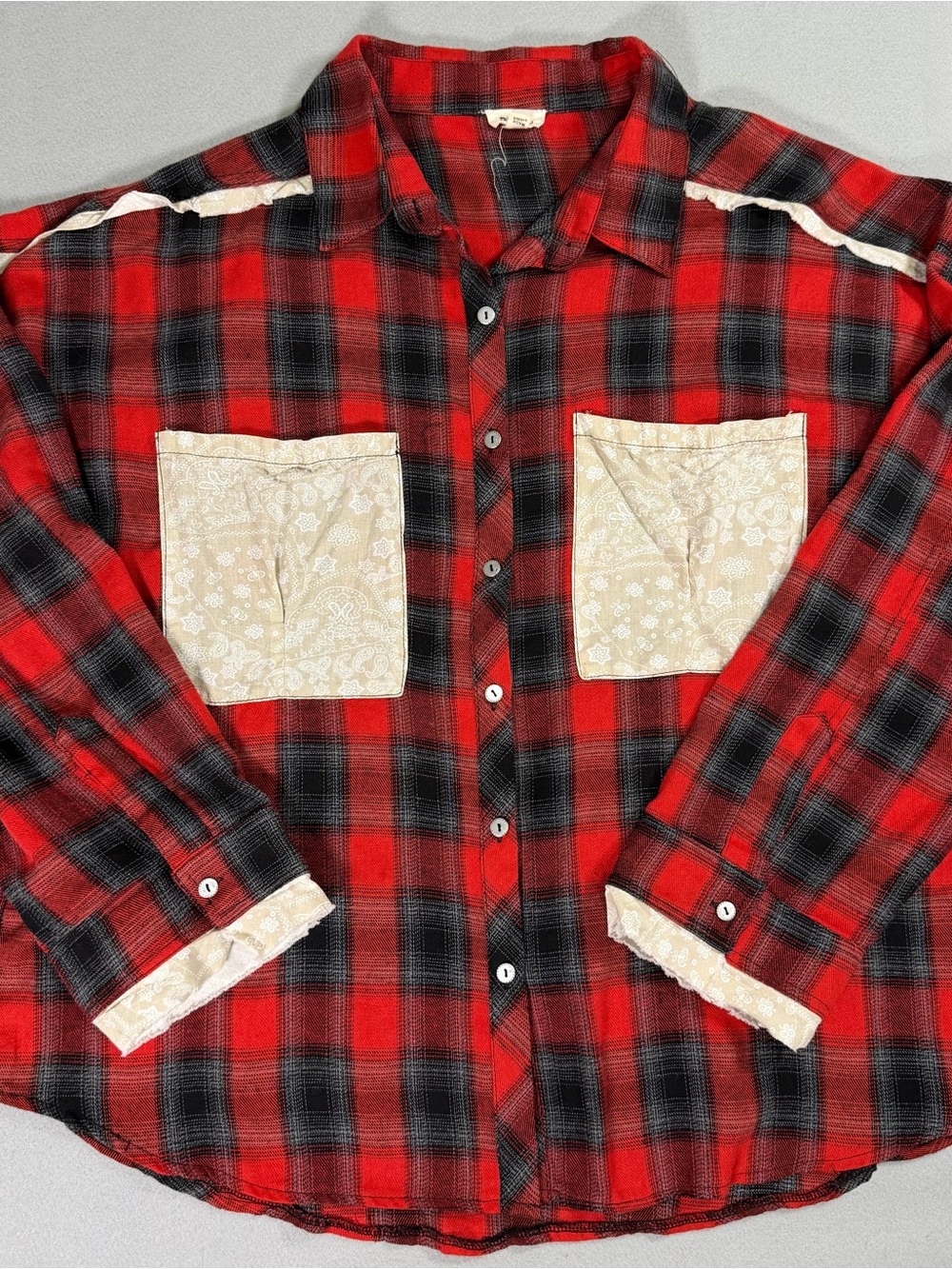 POL Red & Black Plaid Button-Down Shirt with Cream Patch Pockets